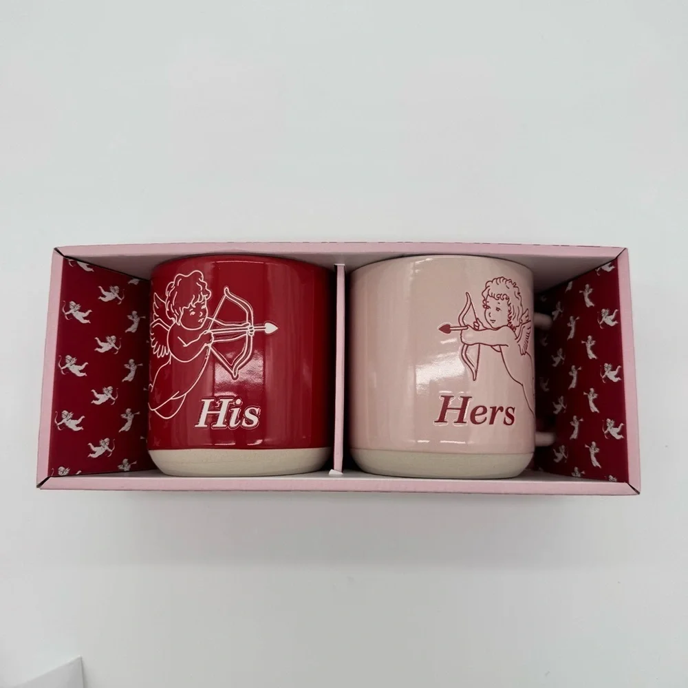 His and Hers Valentines Gift box mug Set, Cupid, Red